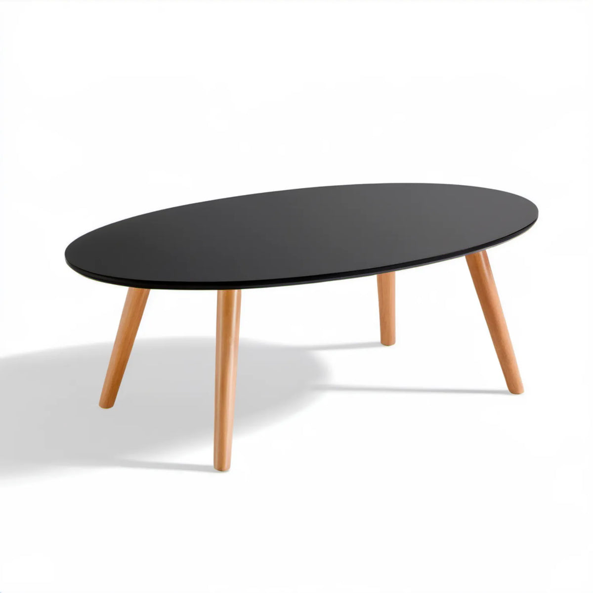 Owalny stolik kawowy z czarnym blatem MDF i nogami z litego drewna bukowego 100 × 60 × 45 cm