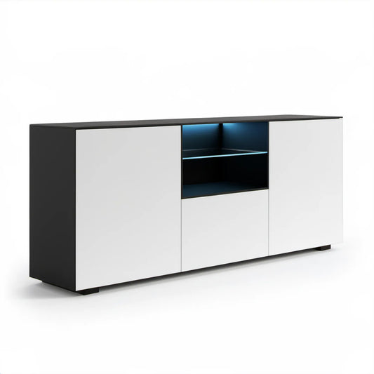Komoda do salonu z oświetleniem LED, biało-czarna, 160 x 40 x 85 cm