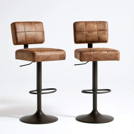 Zestaw 2 brązowych hokerów z oparciem, regulacją wysokości i obrotowym siedziskiem, 46 x 50 x 92–113 cm