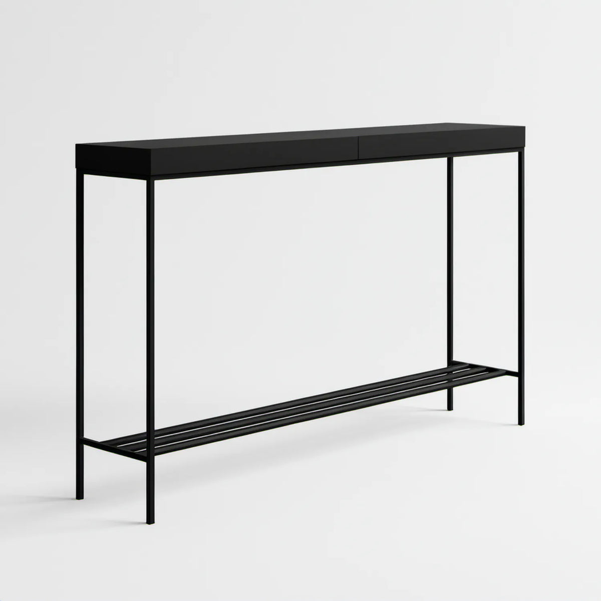 Czarna konsola do przedpokoju z szufladą i półką na buty, MDF i stal, 100 x 30 x 80 cm